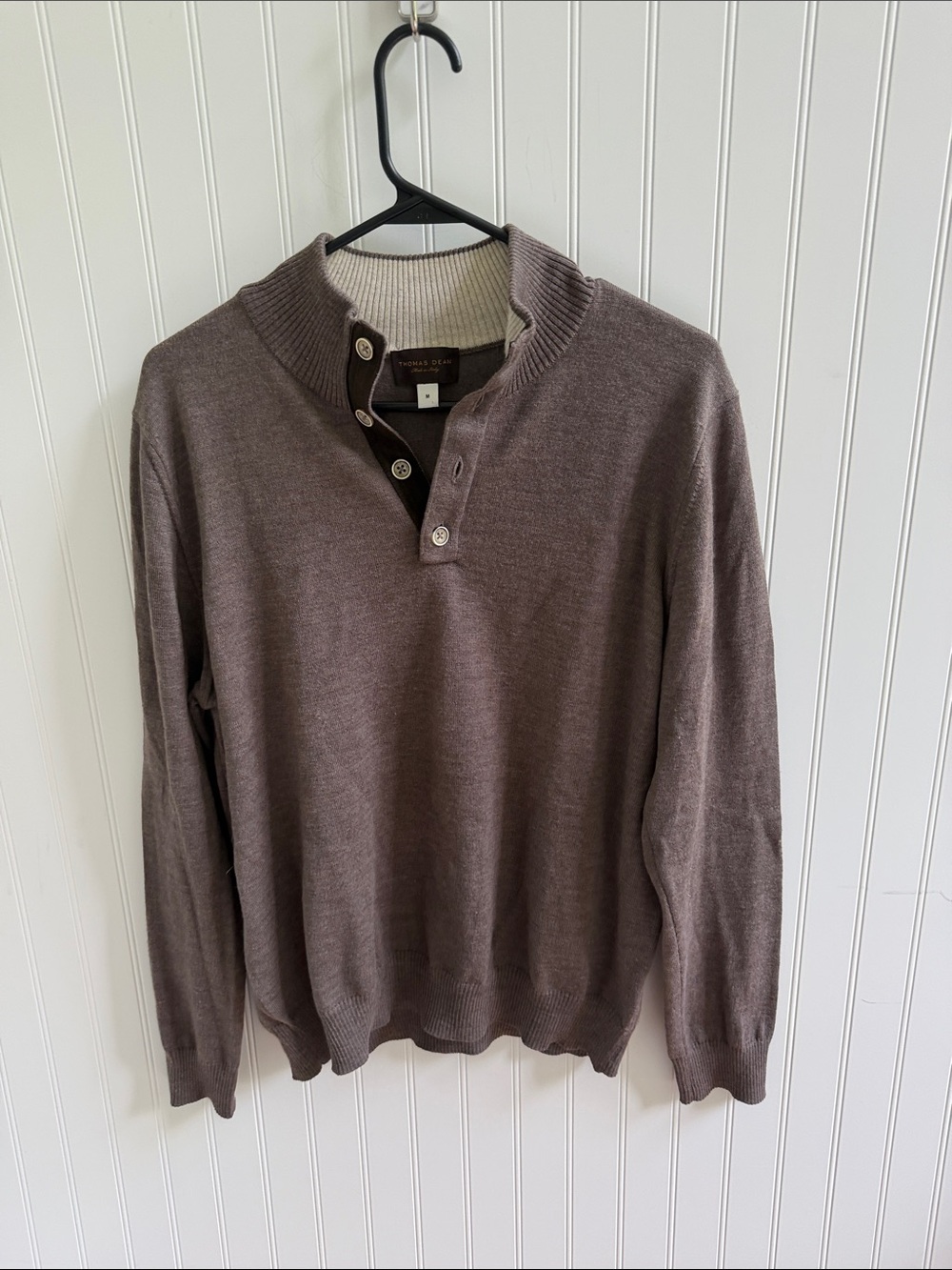 ( 199) Thomas Dean Brown Taupe 1/4 Button Collar Sweater 100% merino wool